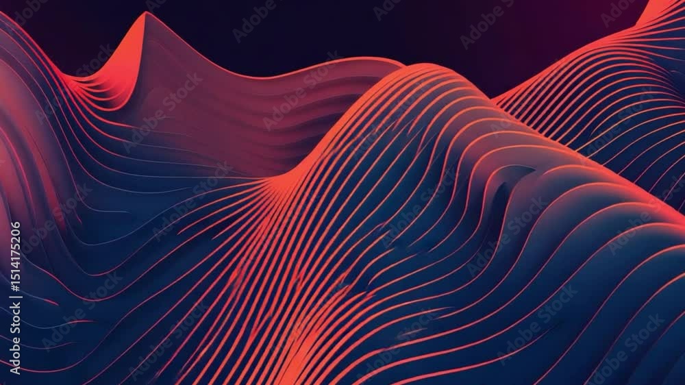 Poster vibrant abstract landscape of smooth waves and dynamic lines in red and blue gradients, creating vis