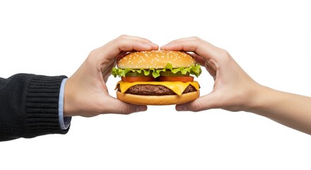 Hamburger Held by Two Hands Isolated on White Background Delicious Food