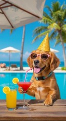 Happy Dog Enjoying Cocktail Summer Pool Party Holiday Travel Scene