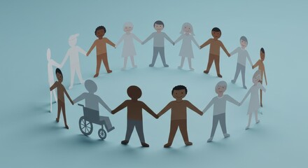 Illustration Diverse People Holding Hands Unite in Teal Background