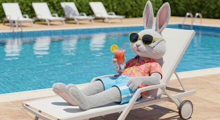Illustration Gray Rabbit Relaxing with Drink Poolside Wearing Sunglasses