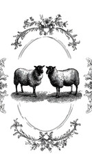 Vintage sheep illustration with symmetrical floral frame