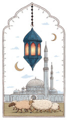 Sheep and mosque lantern illustration