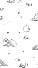 Night sky illustration with clouds stars and moon on black background