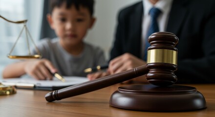 Gavel Law and Child with Scale in Brown Wooden Table near Lawyer
