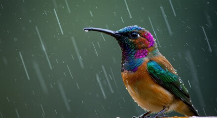Fototapeta premium Closeup Photo of a Wet Hummingbird in Rain with Iridescent Feathers