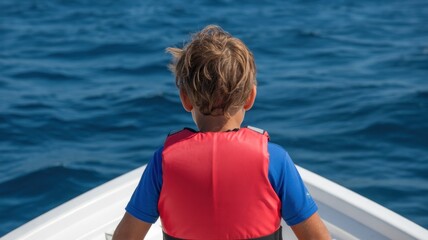 Child wearing red life jacket on boat facing open sea