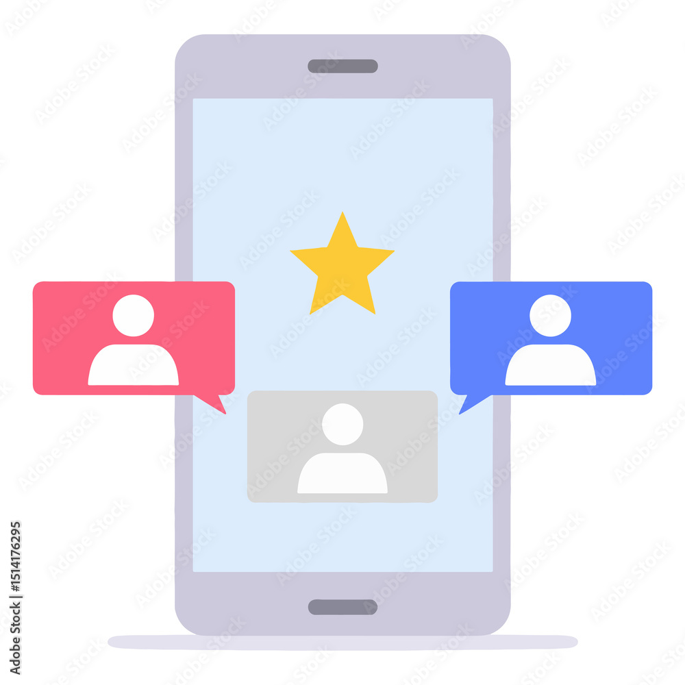Poster a phone with a star a grey rectangle with a person inside and two differentlycolored messaging bubbl
