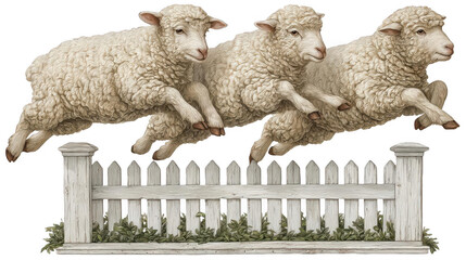 Three white sheep leaping over a wooden fence against a dark background