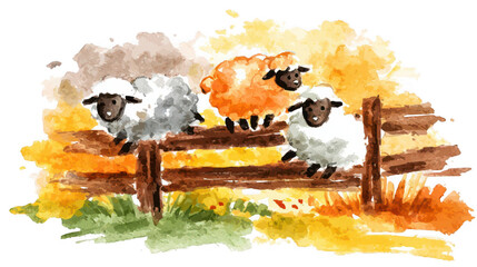 Sheep on wooden fence watercolor illustration