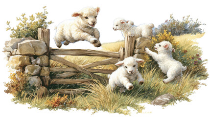 Playful lambs jumping over a rustic wooden fence in a countryside field