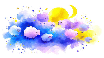 Colorful watercolor sheep in dreamy night sky with moon and stars