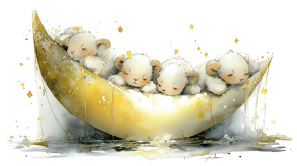 Sheep sleeping on crescent moon illustration