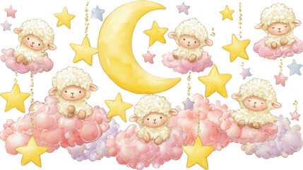 Whimsical illustration of sheep on clouds with moon and stars