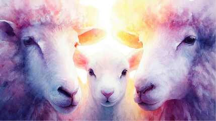 Artistic representation of three sheep in vibrant soft focus lighting