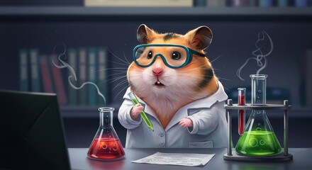 Illustration Hamster Scientist Conducts Chemical Experiments in Laboratory