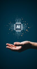 Illustration Hand Displaying Glowing AI Microchip on Dark Blue Background