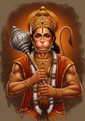 Illustration Hanuman Hindu God Golden Crown Mace Portrait