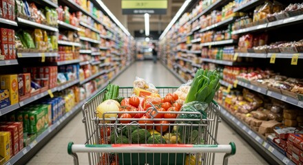 Grocery Photo Full Shopping Cart in Supermarket Aisle Selection