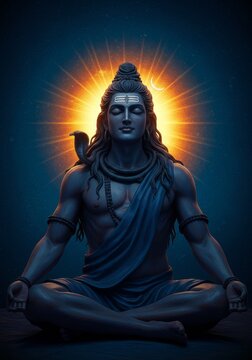 Illustration Of Meditative Shiva Deity With Cosmic Energy And Serpent