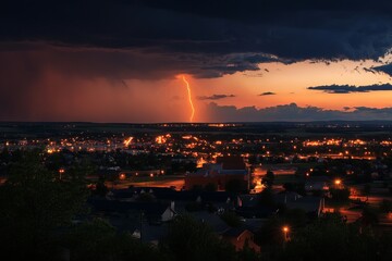 Fototapeta premium Lightning bolt striking during dramatic sunset over illuminated cityscape blending nature's power with urban calm