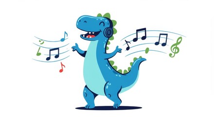 Cute Pixel Art Dinosaur Enjoys Music Headphones in Cheerful Illustration