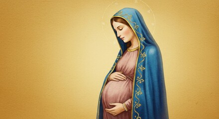 Illustration Expecting Virgin Mary Gentle Portrait Golden Background