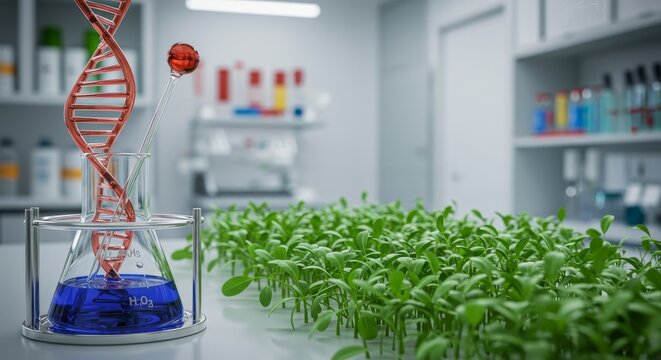 Illustration of DNA and Green Sprouts in White Lab Research Growth