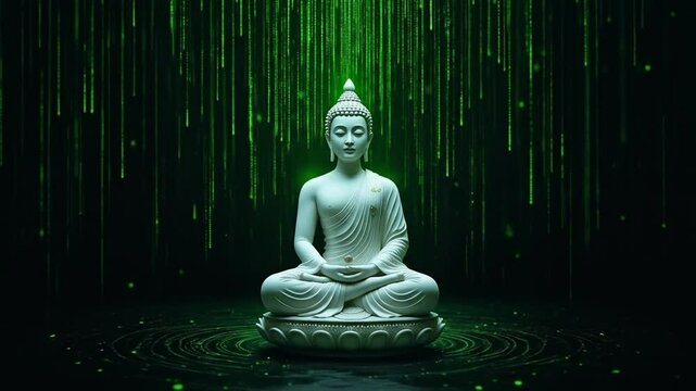 white buddha statue in meditation pose on black background with green rain matrix. vesak festival, buddhist festival and lord buddha, meditation and mindfulness, technology and buddhism. 4k video