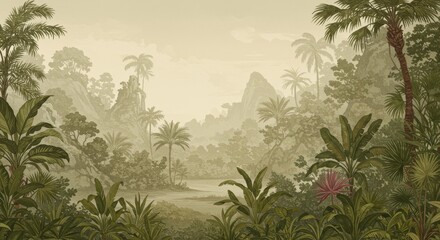 Illustration of Lush Tropical Jungle Landscape Nature Green Background