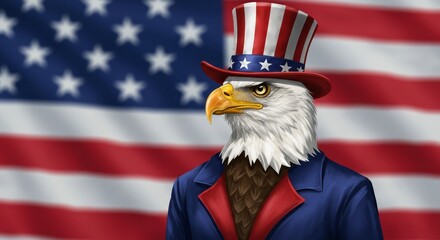 Illustration Patriotic Eagle Wearing American Flag Hat And Suit