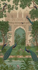 Illustration Peacock Garden Nature With Birds Vintage Trees Scenery