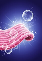 Illustration Pink Fabric with Shiny Bubbles and Sparkling Clean Detergent