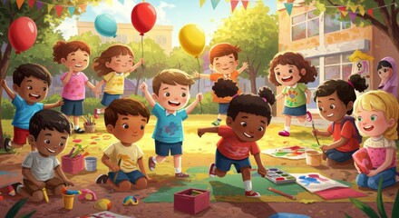 Fototapeta premium Illustration of Kids Celebrating Outdoors with Balloons at School