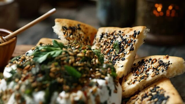 Delicious Middle Eastern Labneh Cheese Ball with Za'atar, Seeds, Pita Bread and Honey, a Flavorful and Healthy Food Option