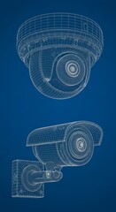 Illustration Security Camera Surveillance Blueprint on Blue Backdrop