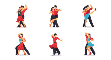 Illustrations of couples dancing in various poses and outfits