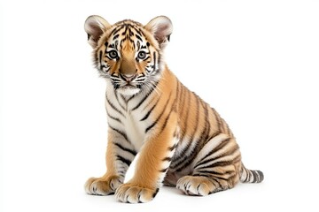 Obraz premium Cute baby tiger sitting against white background with curious expression and soft fur texture