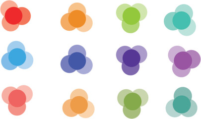 Colorful Overlapping Circle Sets on White Background Red, Orange, Green, Blue, Purple, Teal