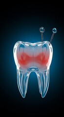Illustration Transparent Tooth with Red Pain and Blue Background 3d