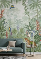 Illustration Tropical Forest Jungle Wallpaper Interior Design Green Background