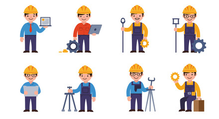 Cartoon Engineers and Construction Workers with Tools and Equipment Illustrations