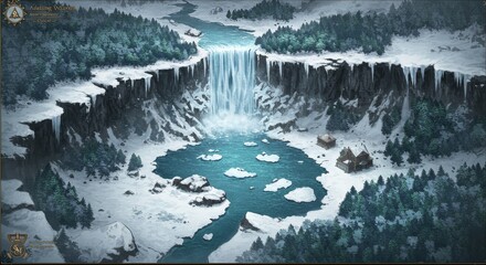 Illustration Winter Waterfall Landscape Snow Forest River Cold Scenery