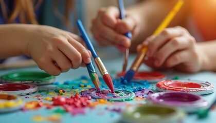 Children Painting Colorful Art Project with Paintbrush and Paint Containers