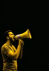 Image of Man Shouting into Megaphone at Protest in Yellow Tone