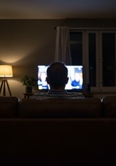 Indoor Photo Shows Man Watching Television Home Interior Couch