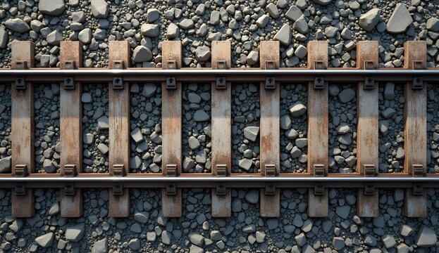 Overhead view depicts railway tracks featuring aged wooden ties set amidst ballast stones up close.