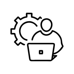 Line drawing of a person using laptop with gear symbol behind  