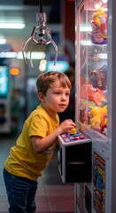 Indoor Photo of Boy Playing Claw Game at Arcade Amusement Center