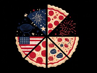Obraz premium Stylized four-slice pie icon with shaded motifs representing celebration—flat and playful graphic for patriotic food theme